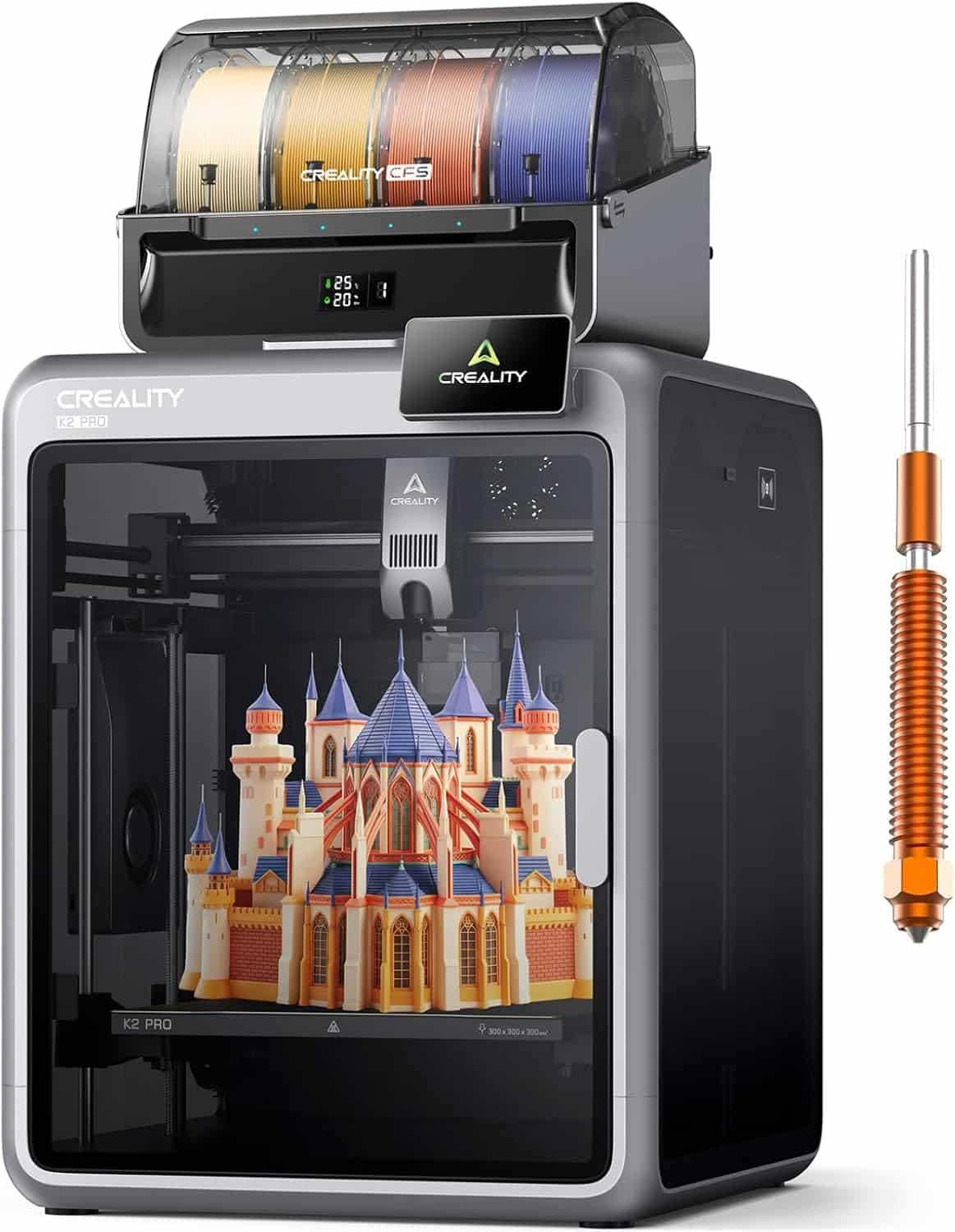 Creality K2 Pro Combo 3D printer with enclosed active-heated chamber and dual camera module visible on top