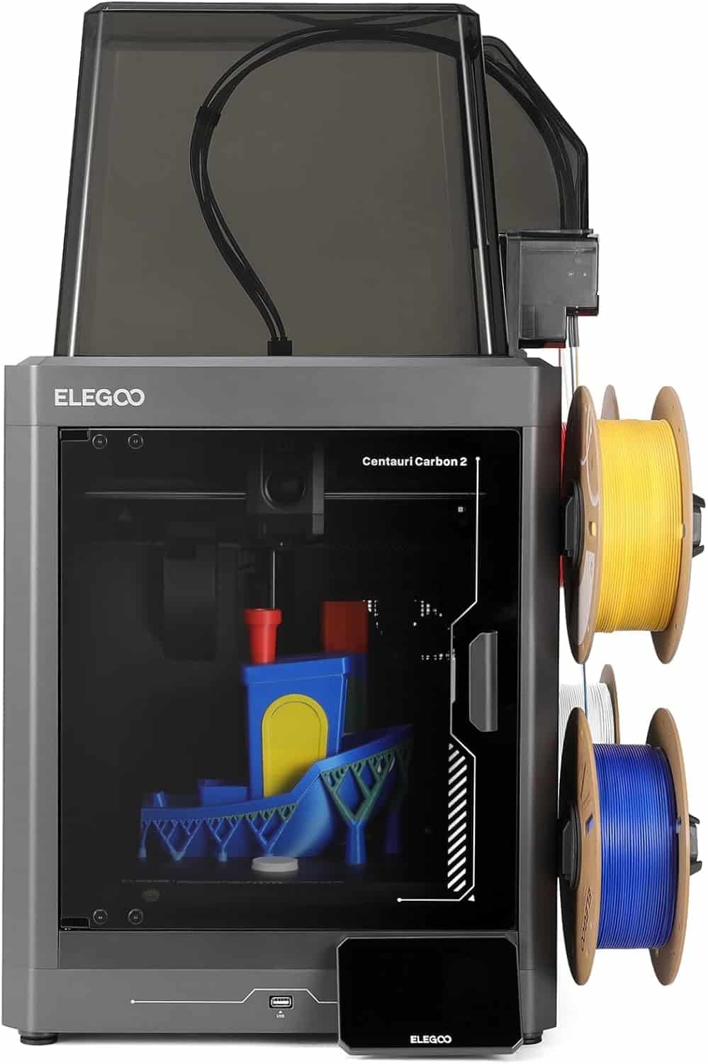 ELEGOO Centauri Carbon 2 Combo 3D printer showing the four-spindle CANVAS filament module mounted on the side of the case