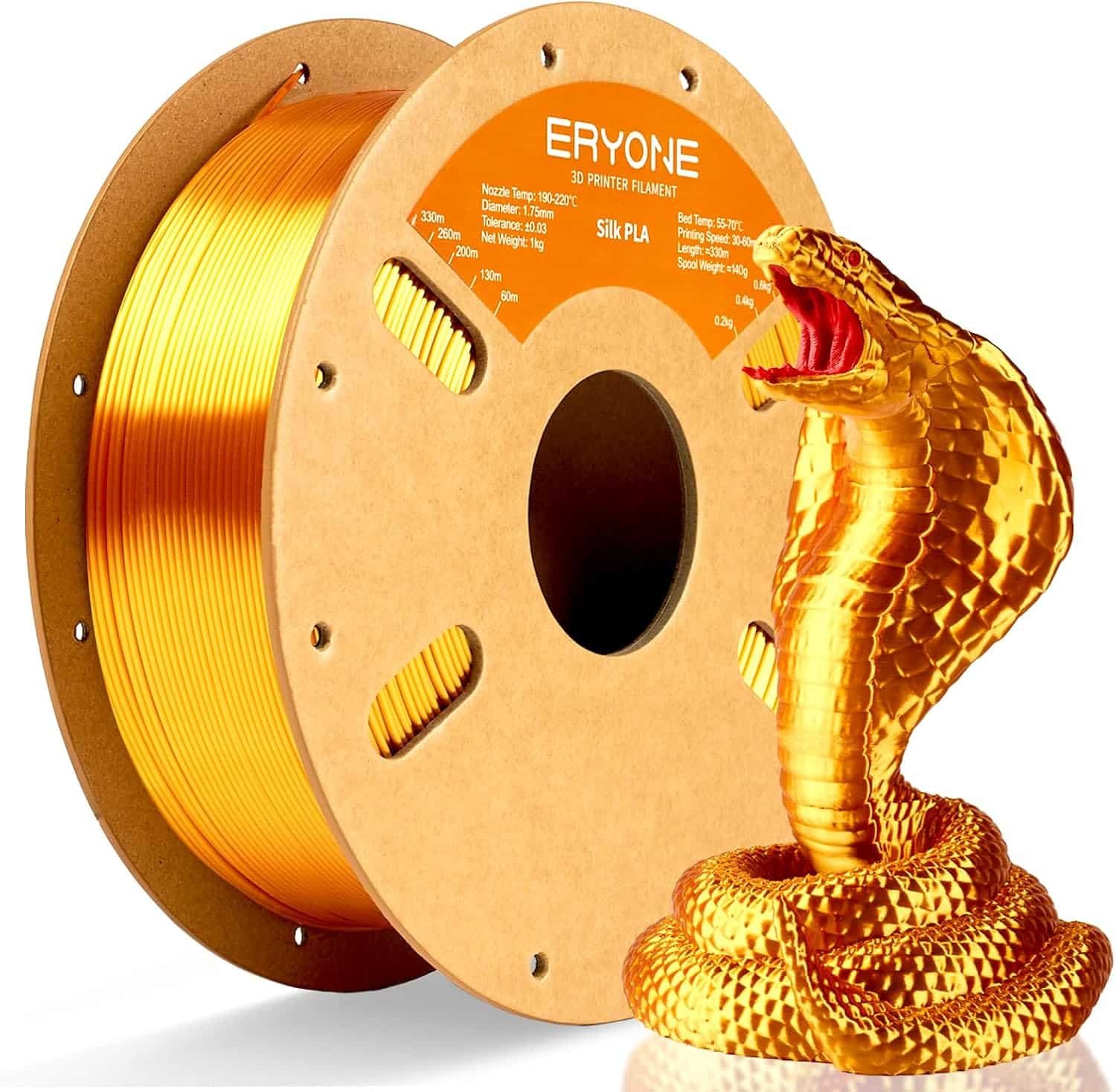 Spool of ERYONE liquid gold silk PLA filament showing its metallic shine