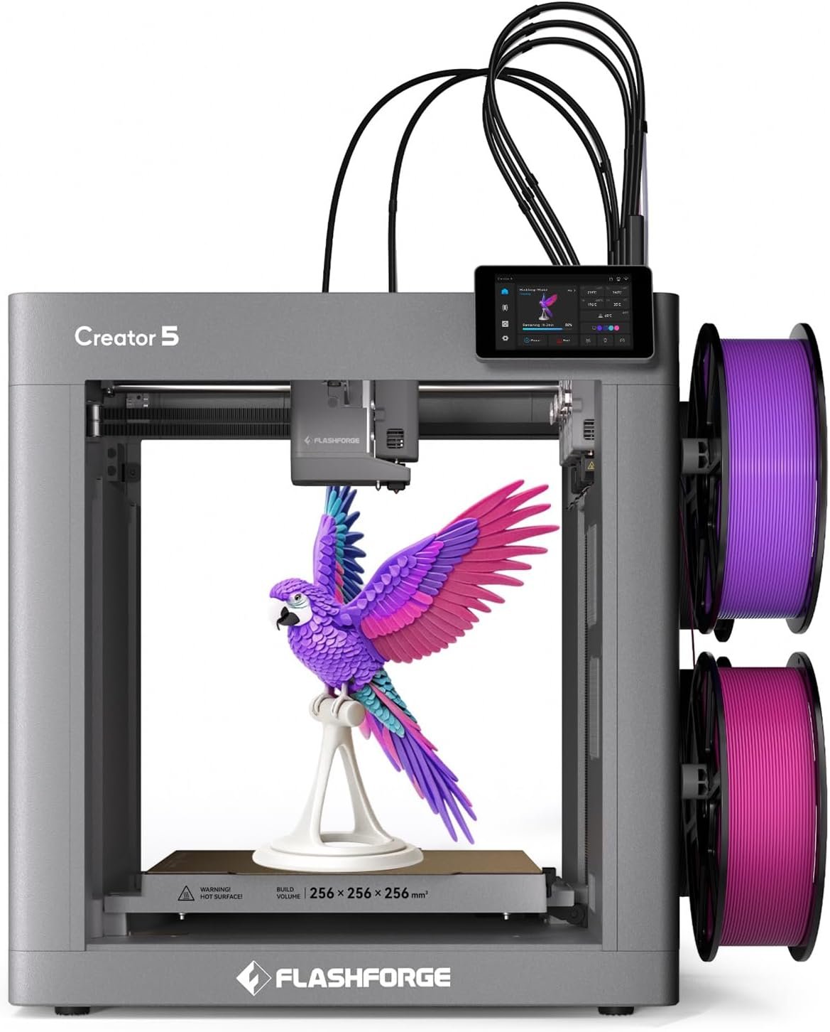 FLASHFORGE Creator 5 3D printer showing its 4-toolhead changer dock mounted at the rear of the frame