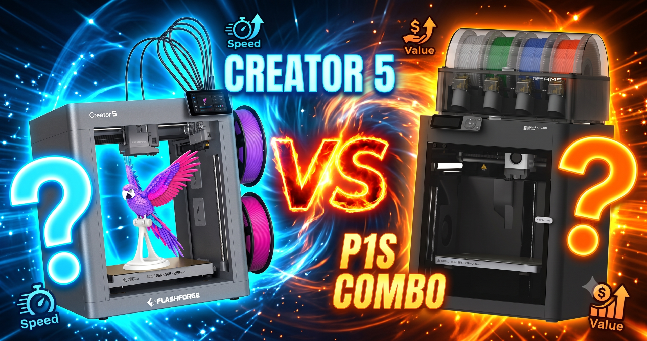 FLASHFORGE Creator 5 four-toolhead printer next to Bambu Lab P1S Combo with AMS unit, side by side comparison