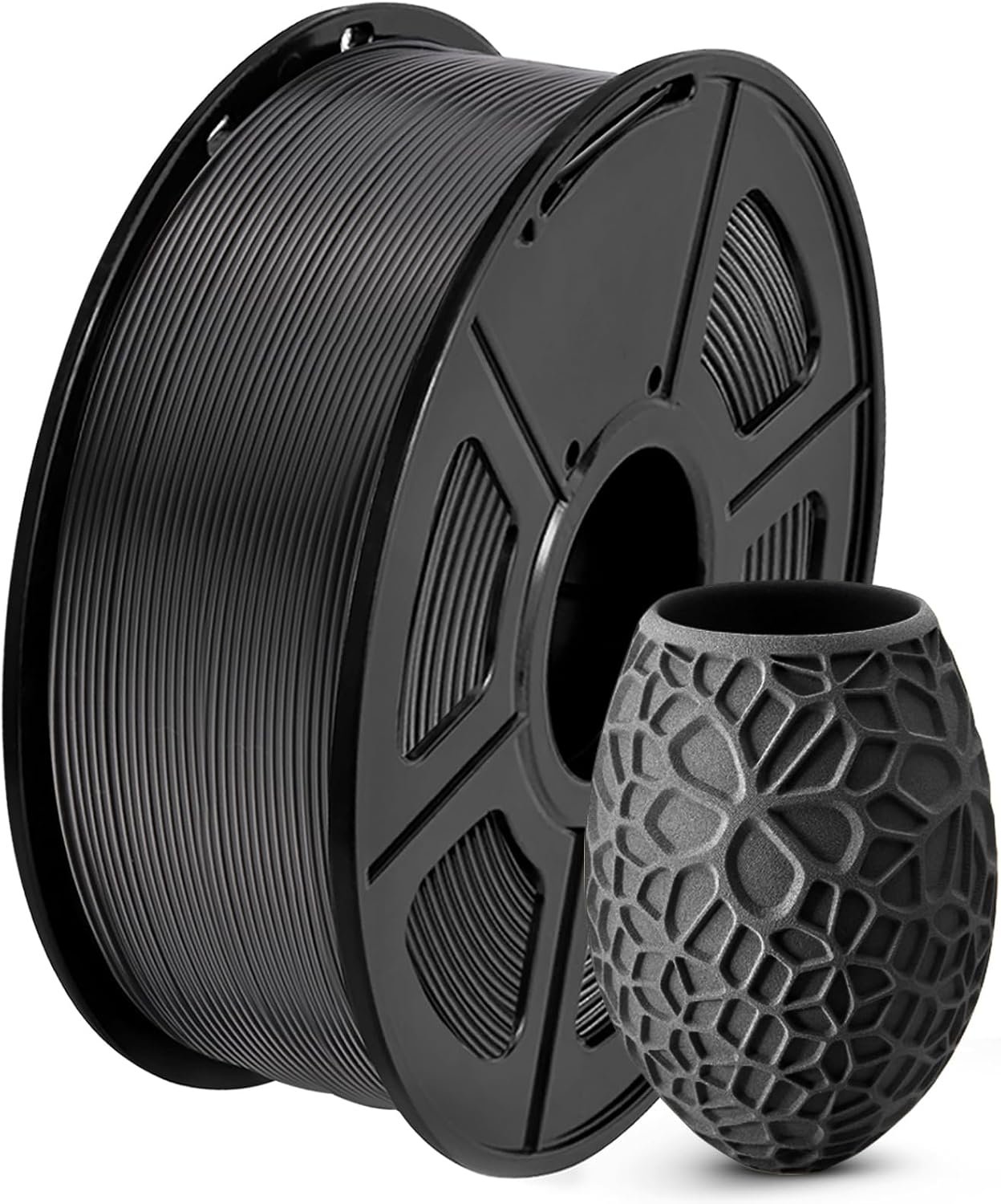 Spool of SUNLU black PLA 3D printer filament with neatly wound coil visible