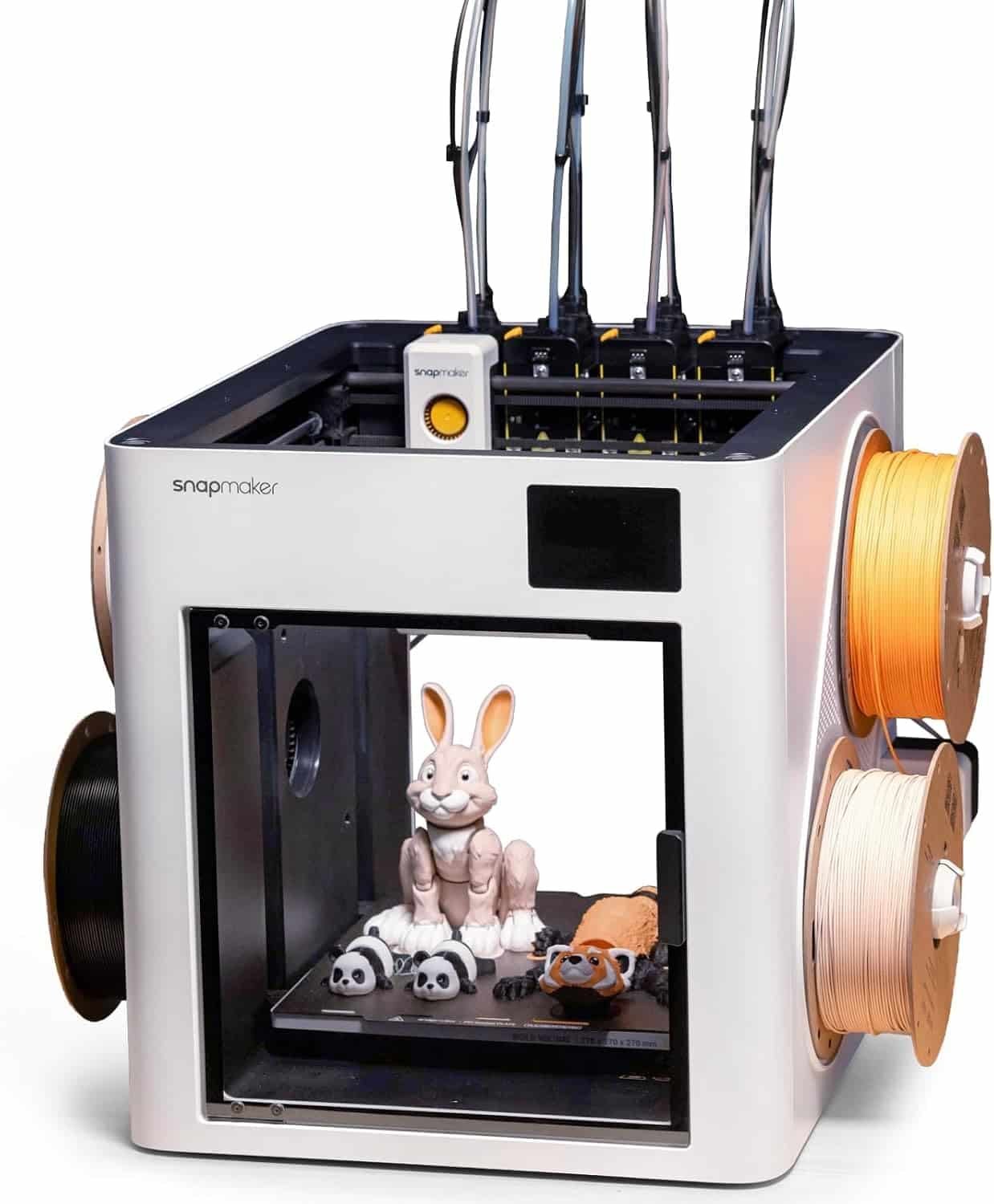 Snapmaker U1 3D printer with visible 4-toolhead assembly and automatic filament system