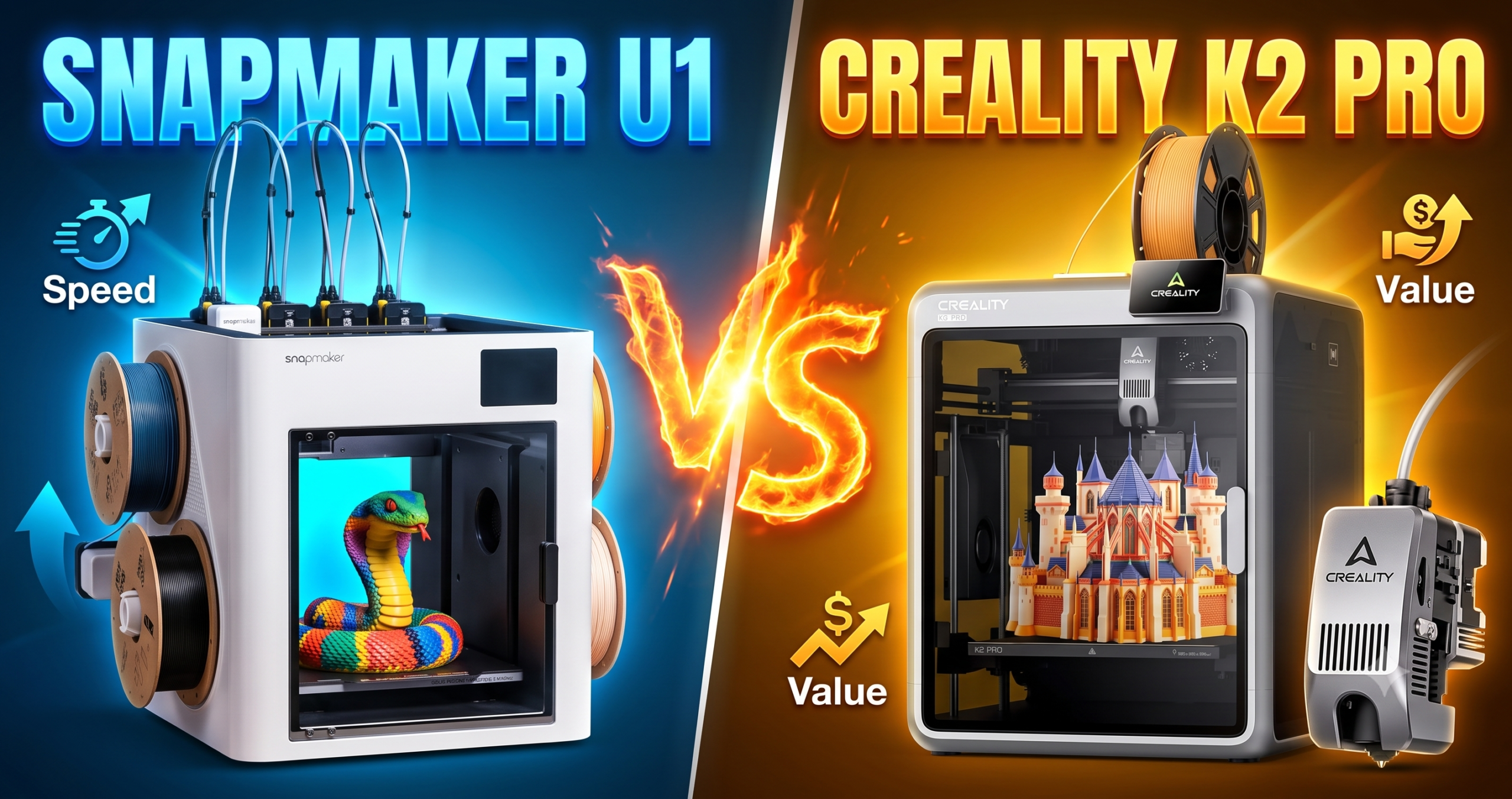 Snapmaker U1 four-toolhead printer next to Creality K2 Pro Combo with CFS filament system, side by side comparison