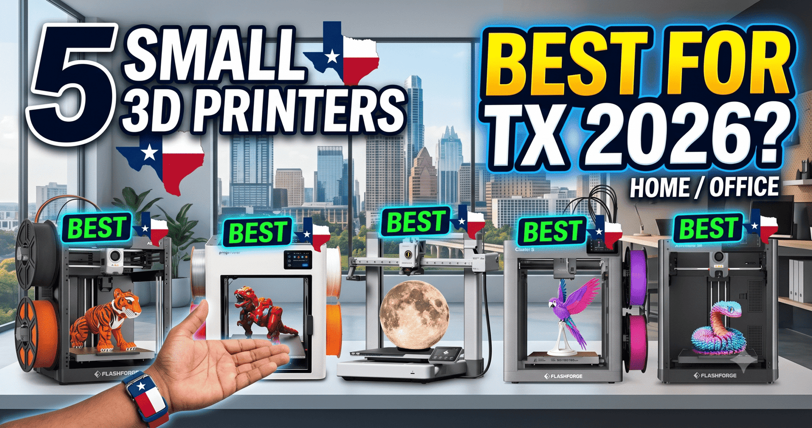 Five small 3D printers for beginners lined up side by side for a 2026 home and office comparison