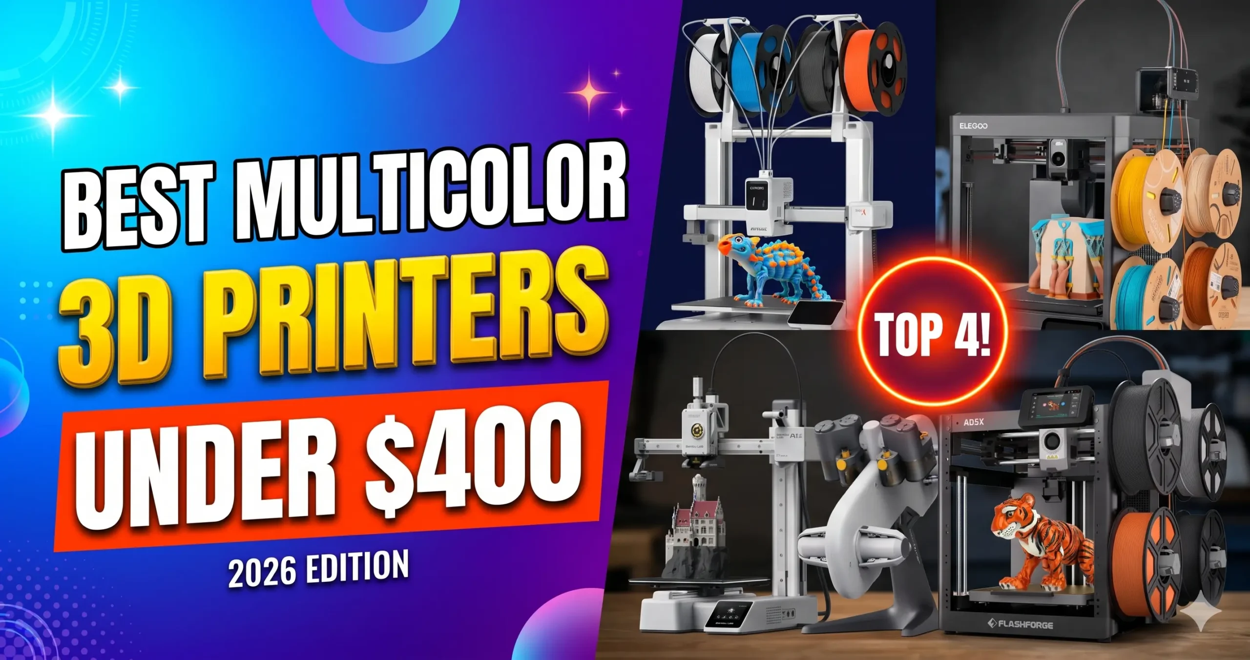 Best multicolor 3D printers under $400 in 2026: Anycubic Kobra X, Bambu Lab A1 Mini Combo, Elegoo Centauri 2 Combo and Flashforge AD5X