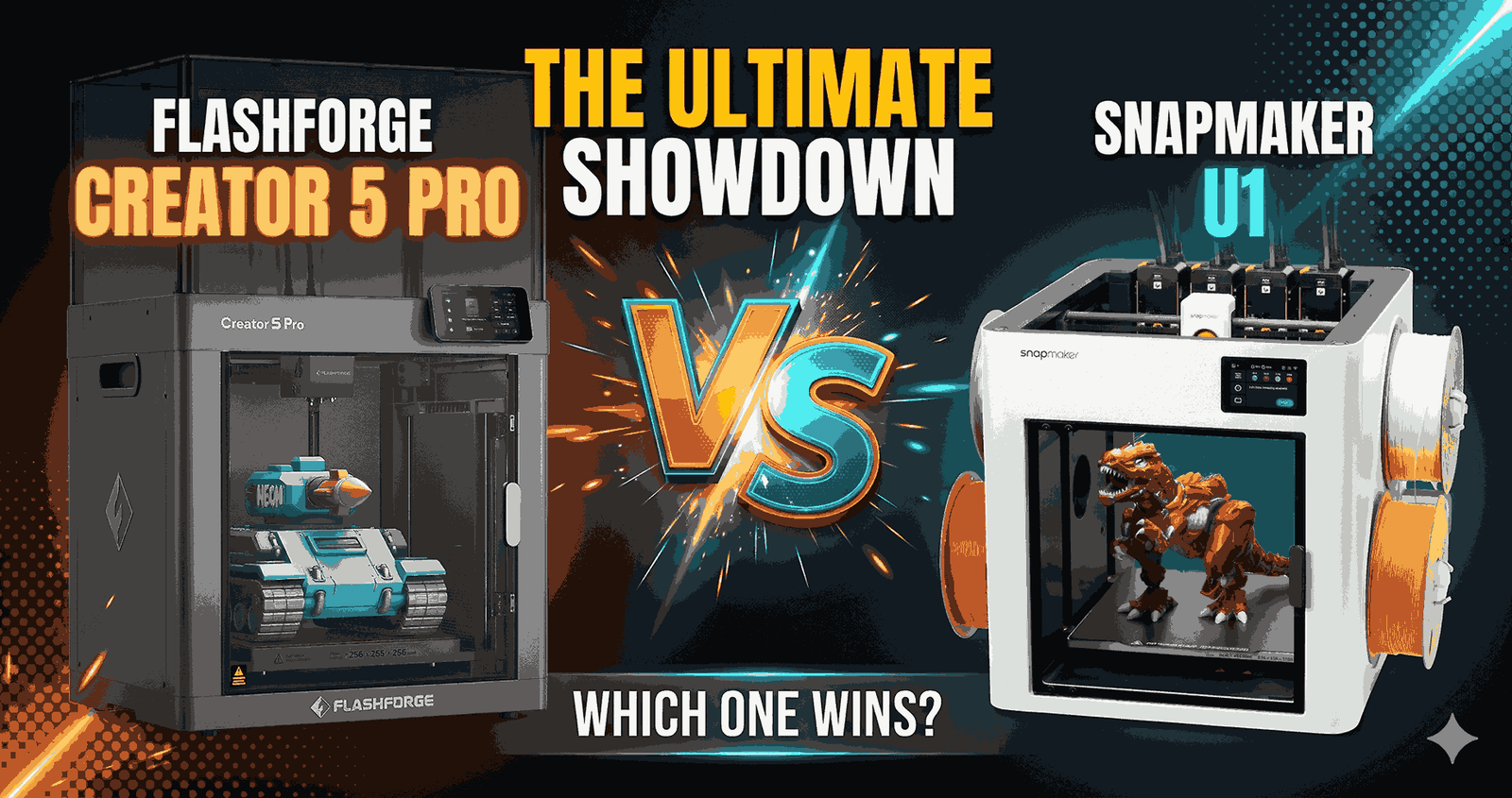 Flashforge Creator 5 Pro and Snapmaker U1 four-toolhead 3D printers shown side by side for a 2026 comparison
