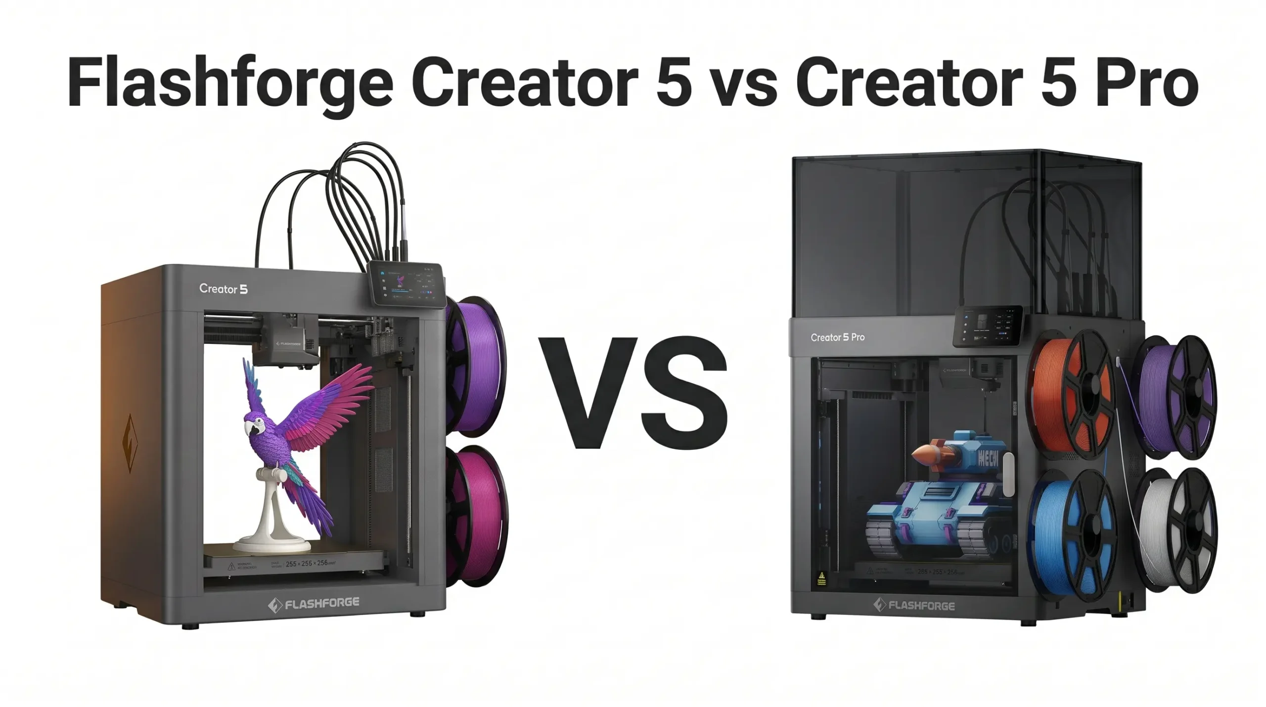 Flashforge Creator 5 open-frame printer next to the enclosed Creator 5 Pro, each with four filament spools